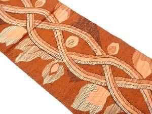 手織り紬　よろけ縞に抽象花模様織り出し名古屋帯